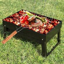 1pc Stainless Steel Foldable Thick Barbecue Grill Rack, Large Capacity Suitable For Roasting Chicken, Steak, Vegetables, Fish, Shrimp; Non-Stick Grill Tool With Handle, BBQ Accessories For Outdoor Camping (Random Color)