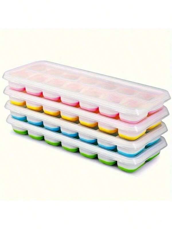 4 Packungen stapelbare Silikon-Eiswürfelformen mit Deckel - einfache Entnahme, auslaufsicher, geeignet für Gefrierschrank, perfekt geformte Eiswürfel, Eisdesigns, farbige Eiswürfel, Plastikformen
