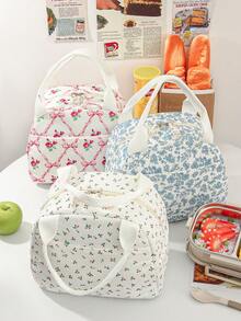 1 Piece Cute Floral&Bow Pattern Insulated Lunch Box Portable Lunch Tote Bag With Handle Corduroy Lunch Bag With Cherry Print Zippered Lunch Handbag With Woven Rope Decor Large Capacity Food Storage Bag With Compartment Suitable For Picnic, School, Office, Camping Suitable For Students, Teachers, Office Workers, Family Good Choice For Teacher's Day Gifts, Mom Gifts, Children's Day Gifts Back To School School Stuff Bag For School Lunch Bag For Women Cooler Bag Picnic Accessories