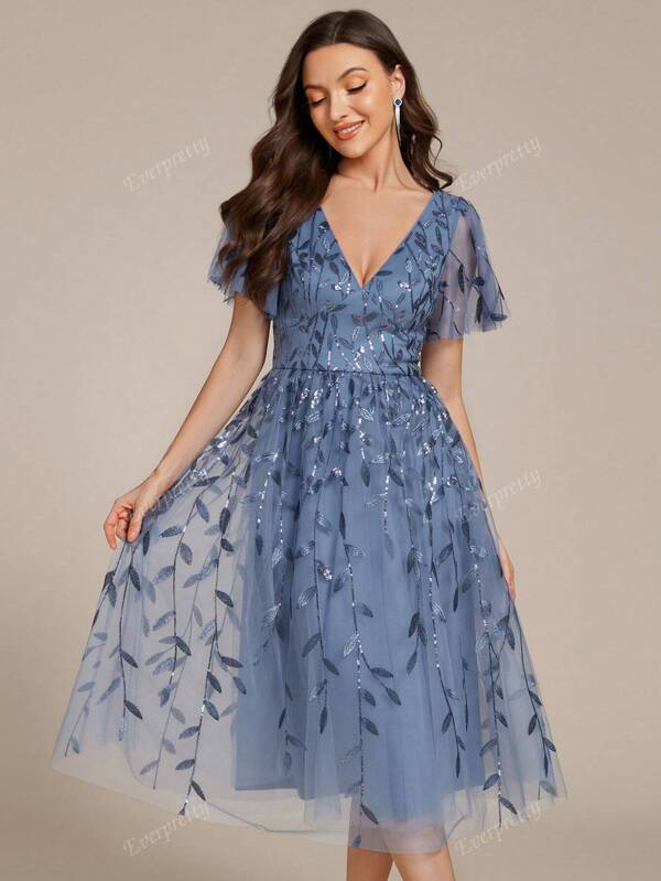 EVER-PRETTY Elegantes Blumenkleid mit Pailletten und Schmetterlingsärmeln für Hochzeitsgäste