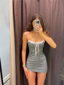 Women Plaid Patchwork Ruffled Hem Casual Vacation & Commute Bodycon Dress, Sexy For Spring & Summer - Black and White - View 8