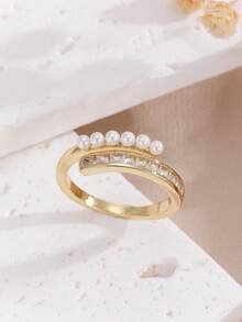 1pc 2025邀请限量版经典网红爆款，明星同款，高端微妙风铜微镶珍珠，高品质全球经典超火开口戒指，适合女性节日/商务/学院/派对/宴会/日常佩戴 - 金黃色 - 查看 17