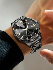 Reloj de cuarzo de marca de lujo para hombre, de acero inoxidable dorado, con fecha, visualización del día de la semana, acentos de diamantes y esfera luminosa