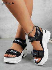 SHIHUA Black Chunky Heeled Sporty Sandals For Women, 2024 New Arrival. Platform Sole, 8cm Height Increased, Ideal For Summer Dresses