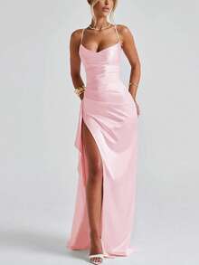 Elegant Sexy Satin Frill Trim Waist Party Dress, Bridesmaid Dress, Formal Gown - Pink - View 5
