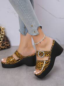 Plus Size Women's Wedge Thick Bottom Sandals, New Arrival Summer Fashion European And American Style Leopard Print, Rhinestone Round Buckle Platform High-Heel Sandals For Casual, Vacation, Party, Dating, Comfortable And Versatile, Waterproof