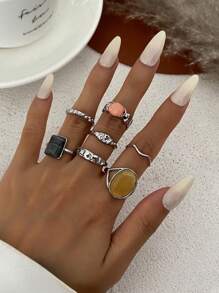 Ensemble de 7 bagues vintage élégantes incrustées de pierres géométriques, bagues à la mode dorées pour femmes, idéales pour un usage quotidien ou une fête, ensemble de bijoux cadeaux