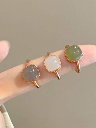 1pc Artificial Hetian Jade Square Shape Adjustable Open Ring Suitable For Women's Daily Wear