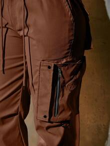 Y2K 工装慢跑裤，弹性腰带，抽绳设计，翻盖口袋，拉链细节，金属纽扣，女士休闲夏季度假裤 - 咖色 - 查看 5