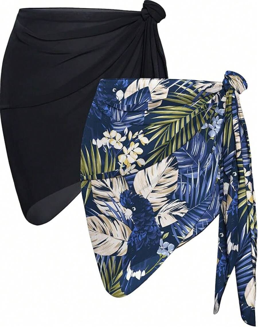 CHICGAL 2 Pieces Women Beach Sarong Bathing Suit Wrap Skirt Sheer Bikini Swimsuit Cover Ups Swimwear - 黑色和深藍色葉子 - 查看 1