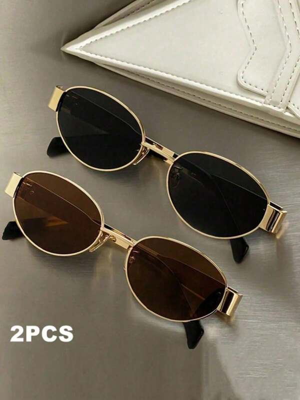 2pcs Women's Fashionable Oval Sunglasses, Suitable For Summer Beach Outfit