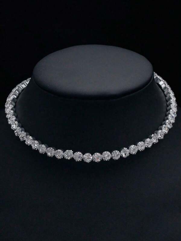 1pc Fashionable Elegant Full Diamond Bridal Jewelry, Shiny Single-Row Rhinestone Choker Necklace For Women