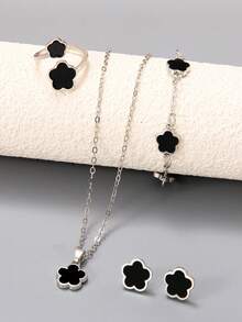 5pcs Women's Silver Jewelry Set, Fashionable & Elegant Flower, Clover Pendant Necklace, Bracelet, Ring, Earrings - Multicolor - View 1