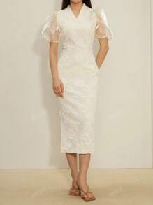 Women's Elegant 3D Floral V-Neck Puff Sleeve Dress, Spring/Summer, Party Dress, Prom Dress