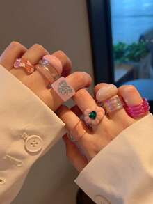 10pcs/Set Pink Flower With Rhinestone Wide Band Rings Stackable Adjustable Rings Jewelry Gifts Suitable For Women, Students, Girls, Best Friends, Daily, Party, Events, Travel - 10 Sets KRMS11-19 - View 1