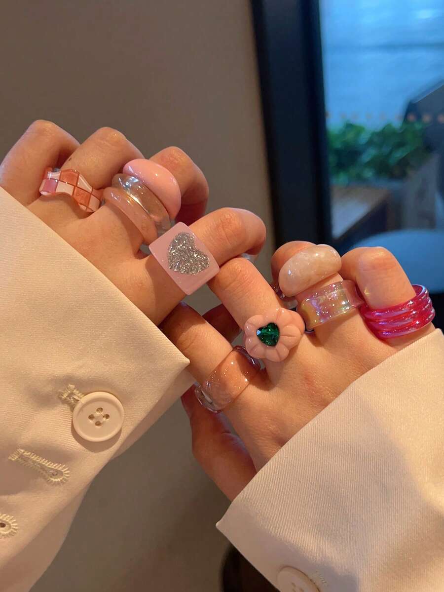 10pcs/Set Pink Flower With Rhinestone Wide Band Rings Stackable Adjustable Rings Jewelry Gifts Suitable For Women, Students, Girls, Best Friends, Daily, Party, Events, Travel - 10 Sets KRMS11-19 - View 1