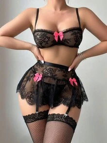 5pcs/Set Women Sexy Romantic Lace Mini Skirt With Stocking Lingerie Set, For Christmas Lencería Para Mujer Lenceria Para Mujer Lenceria Lencería Lingerie For Women>Valentine Lingerie Set Lingerie Set>Sexy Valentine's Day>Lingerie Lengeries Set Valentines Day Lingerie Valentines Lingerie Valentine Lingerie Valentine's Day Lingerie - 黑色 - 查看 3