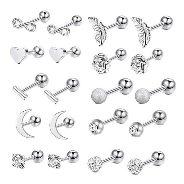 20 piezas Juego de aretes de 16G Aretes de acero inoxidable 316L hipoalergénicos para mujeres y hombres, aretes de circonita cúbica de 3-7 mm para trago, cartílago, hélix y lóbulo de la oreja