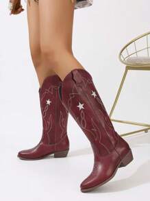 Women's Mid-Calf Western Style Boots With V-Cut Embroidered Printed Decor, Pointed Toe Chunky Heels, Over-The-Knee Cowboy Boots, Burgundy