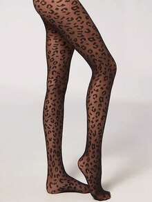 女式豹纹网眼透视图案紧身哥特式连裤袜，E-Girl - 黑色 - 查看 5