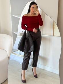 Winter Modal High Elasticity Off-The-Shoulder Knitted Blouse - Copper - View 3