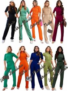 Maria do Luxo Ribbed Knit Set With Elastane, Palazzo Pants With Pockets. Women's Fashion For All Occasions. - 軍綠色 - 查看 4
