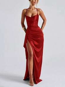 优雅性感缎面无肩带荷叶边腰身派对礼服、伴娘礼服、正式礼服