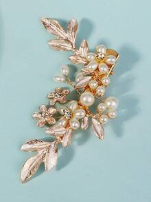 1pc Elegant Floral & Leaf Rhinestone Faux Pearl Decorated Garden Wedding Bridal/Bridesmaid Hair Clip Accessory Valentine's Day Accessories - Gold - View 2