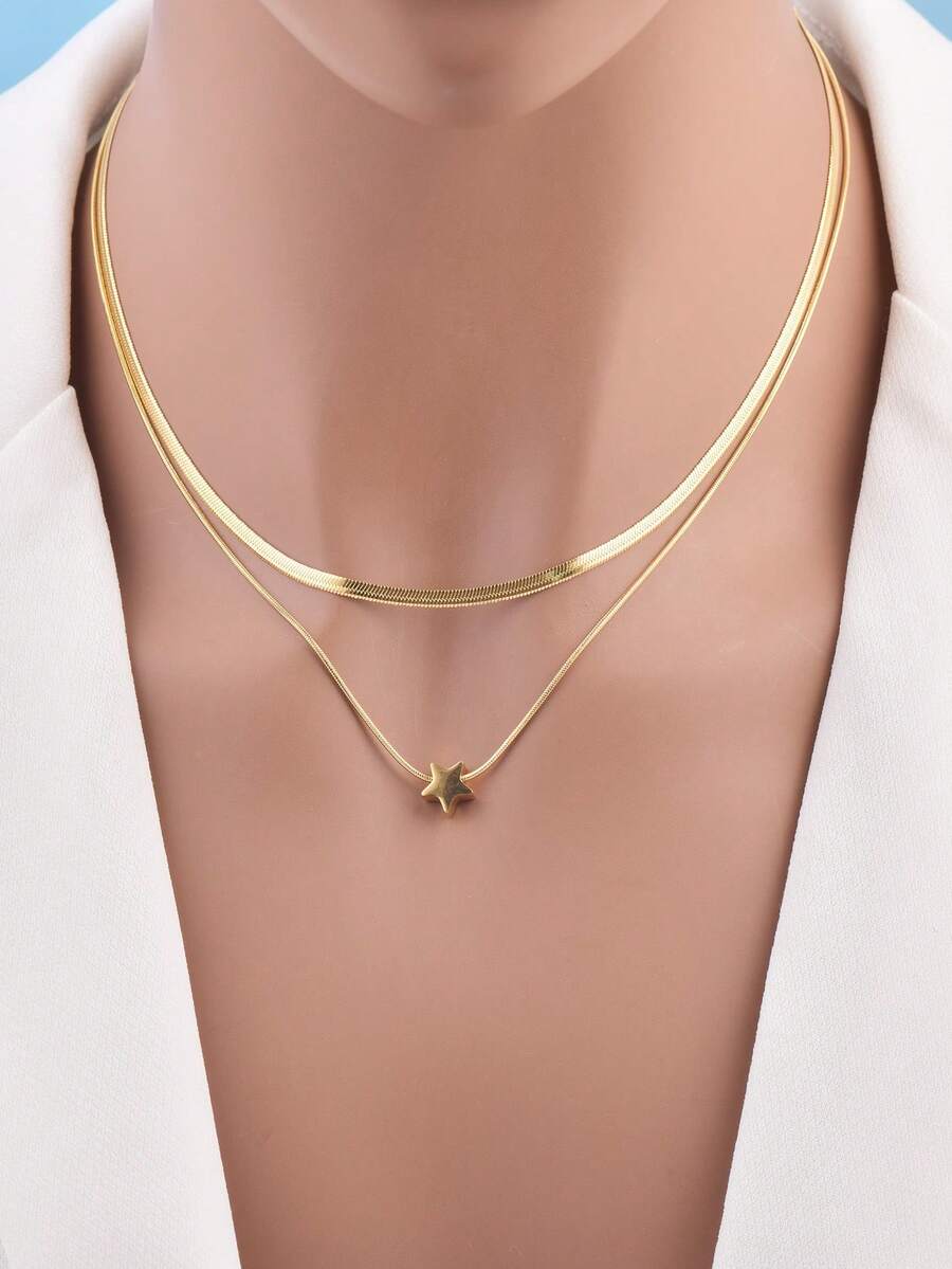 2pcs Stainless Steel Polished Star Shaped Pendant With Perforation Electroplated Snake Chain Dagger Blade Chain For Women's Daily Wear Accessories