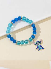 Disney 1 Disney  Bracelet, Blue And Purple Cat's Eye Beads, Stitch And Angie Cartoon Pattern, Crystal Elastic Bracelet Children's Gift Bracelet, Valentine's Day Gift