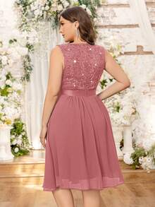 Plus Deep V-Neck Sequin Lace Contrast Ruffle Hem Chiffon Formal Evening Party Swing Dress - Dusty Pink - View 3