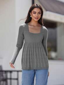 Women's Cable Knit Tops Long Sleeve Square Neck Solid Color Loose Fit T-Shirts Sweaters - Dark Grey - View 2