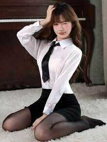 角色扮演秘书专业套装四件套（领带、透视衬衫、性感短裙、丁字裤），透视长袖衬衫搭配性感短裙，圣诞节和情人节夜总会表演服装，春季白色 - 白色 - 查看 9