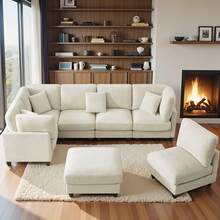 Dagniwak 7-Piece Chenille Fabric Living Room Sofa, L/U-Shape Large Size Long Sofa, Can Be Combined Freely, Beige - trắng - Xem 5