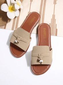 Khaki Open Toe Flat Sandals With Metal Tassel Decor, Matte Finish Strap Slip-On Beach Shoes, Elegant Casual Summer New Women Flat Sandals - Khaki - View 5