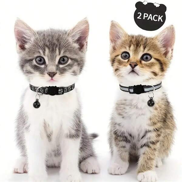 [2pcs Reflective Safety Cat Collars] 2pcs Reflective Cat Collars With Bells - Adjustable, Safety Breakaway Nylon Necklaces For Kittens & Cats, Kitten Collar