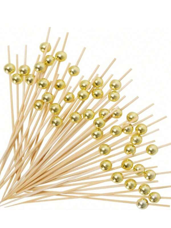 700pcs/200pcs/100pcs/50pcs/20pcs/10pcs Gold Disposable Bamboo Skewers With Round Bead Design, Suitable For Kitchen, Salads, Weddings, Parties, Holidays, Birthdays
