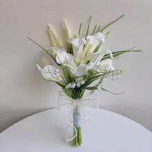 Bó hoa cưới cho cô dâu, hoa cầm tay cho phù dâu, hoa loa kèn giả giống thật, hoa cưới trang trí, đạo cụ chụp ảnh cưới, bó hoa cô dâu. - Trắng C - Xem 3