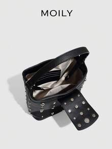 Sac seau style de rue européen et américain à une épaule, sac à rivets, élégant sac à main pour femmes - Noir - Voir 6