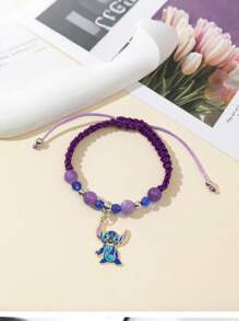 Disney 1 Disney  Bracelet, Blue And Purple Cat's Eye Beads, Stitch And Angie Cartoon Pattern, Crystal Elastic Bracelet Children's Gift Bracelet, Valentine's Day Gift