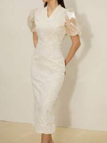 Women's Elegant 3D Floral V-Neck Puff Sleeve Dress, Spring/Summer, Party Dress, Prom Dress