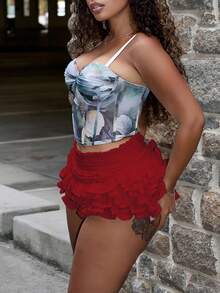 纯色舒适荷叶边下摆泡泡袖短裤，加大码迷你热裤，性感时尚 - 酒紅色 - 查看 5