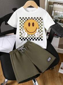 Tween Boy Cartoon Smiling Face Print Short Sleeve T-Shirt And Shorts Set