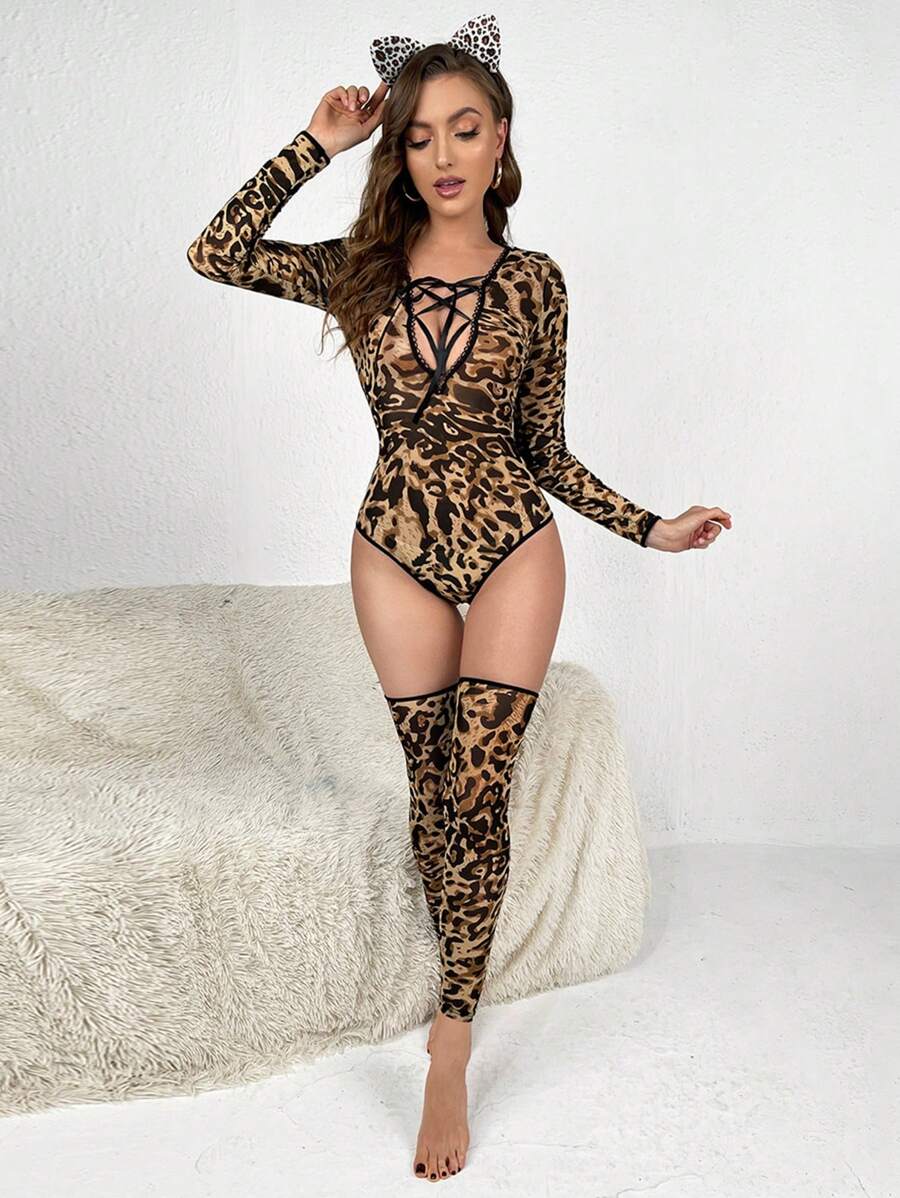 Leopard Print Catsuit Outfit, Wild Role Play Costume Jumpsuit With Lace-Up, Hollow Lingerie, Non-Wired, V-Neck Panties
