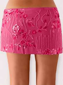 Women Sequin Short Skirt Beaded Flower Low Rise Mini Bodycon Skirt  Summer Streetwear