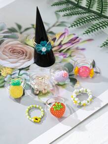 8pcs/Set Summer Dopamine Flower Resin Rings, Elegant Fresh And Simple Fruit Design Pineapple & Strawberry Rings For Women