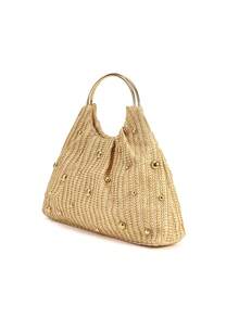 女士时尚米色草编手拿包，金色铆钉细节 - 褶皱设计，磁扣，涤纶衬里，非常适合度假或休闲出游，沙滩包必备品 | 时尚手提包 | 编织沙滩包，沙滩包配件