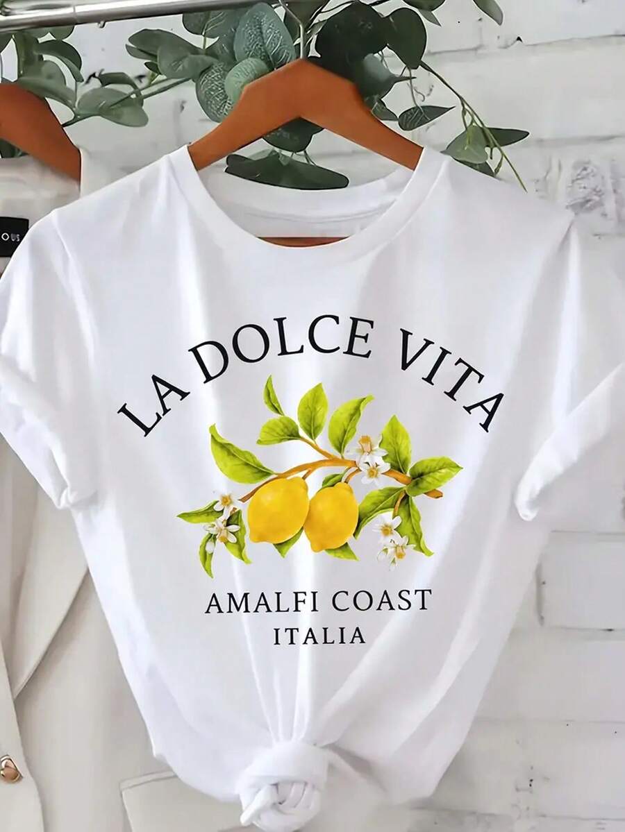 [Lemon Print Casual Tee] Lemon Letter Print Stretchy T-Shirt Women's Casual Short Sleeve Crew Neck Top For Spring Summer - White - View 1