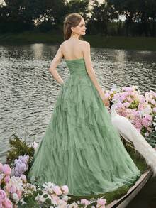 Đầm cưới cúp ngực lãng mạn, chân váy xếp tầng bằng vải voan bồng bềnh, dáng chữ A, hoàn hảo cho các đám cưới cổ điển, lễ tốt nghiệp, dạ hội. - màu xanh lá - Xem 3