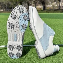 Zapatos de golf profesionales para mujer para exteriores con tacos, zapatillas deportivas antideslizantes y duraderas, tenis deportivos con cordones y bloques de color - Azul - Ver 2